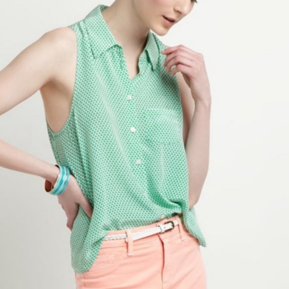 Equipment Femme Mina Sleeveless Button Up Blouse Green Geometric Size Small